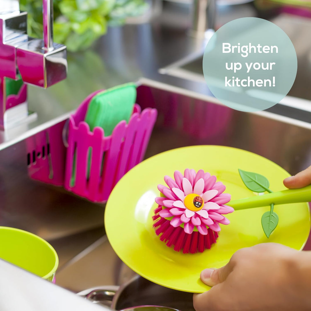 Vigar Flower Power 3-In-1 Kitchen Sink Caddy Set, Flower-Shaped Dish Brush, Sponge, Fence-Shaped Holder and Suction Cup, Ideal Sink Organizer, Pink