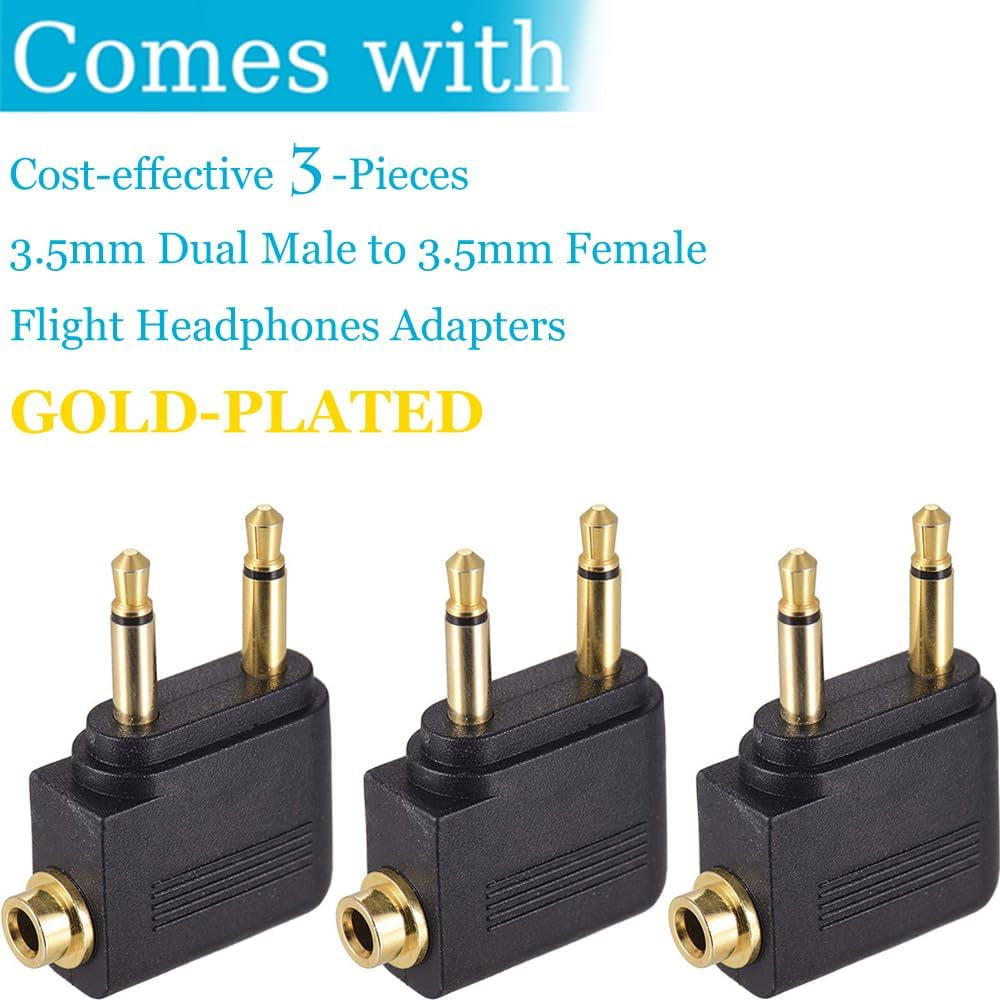 3 Pack Airplane Airline Headphones Adapter Gold Plated for Headsets,3.5Mm Dual Male to 3.5Mm Female Jack Connectors Converters