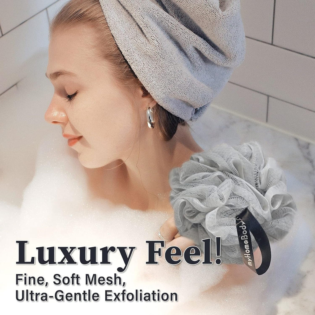 Myhomebody Large 70G Loofah Sponge, Body Scrubber, Bath Sponge, Loofah for Women, Men, Exfoliating Sponge Shower Pouf with Activated Charcoal - 3 Pack, 2 Midnight Blue + 1 Fog Gray