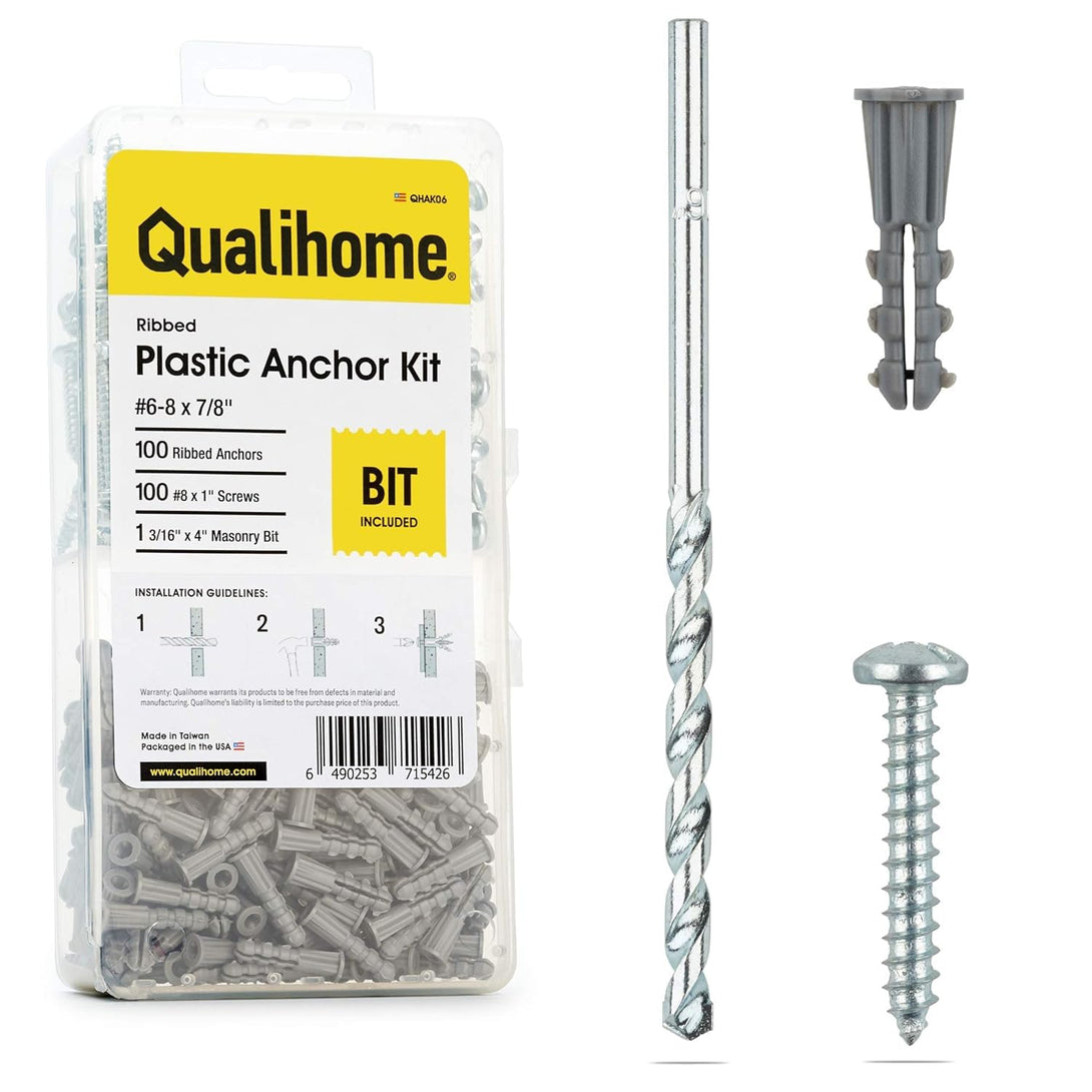 Qualihome Ribbed Plastic Drywall Anchor Kit - Wall Anchors and Screws for Drywall Includes Anchors, & Screws, 1 Masonry Drill Bit - Mounting Tolls for Decor, Furniture, Shelving (6-8 X 7/8")