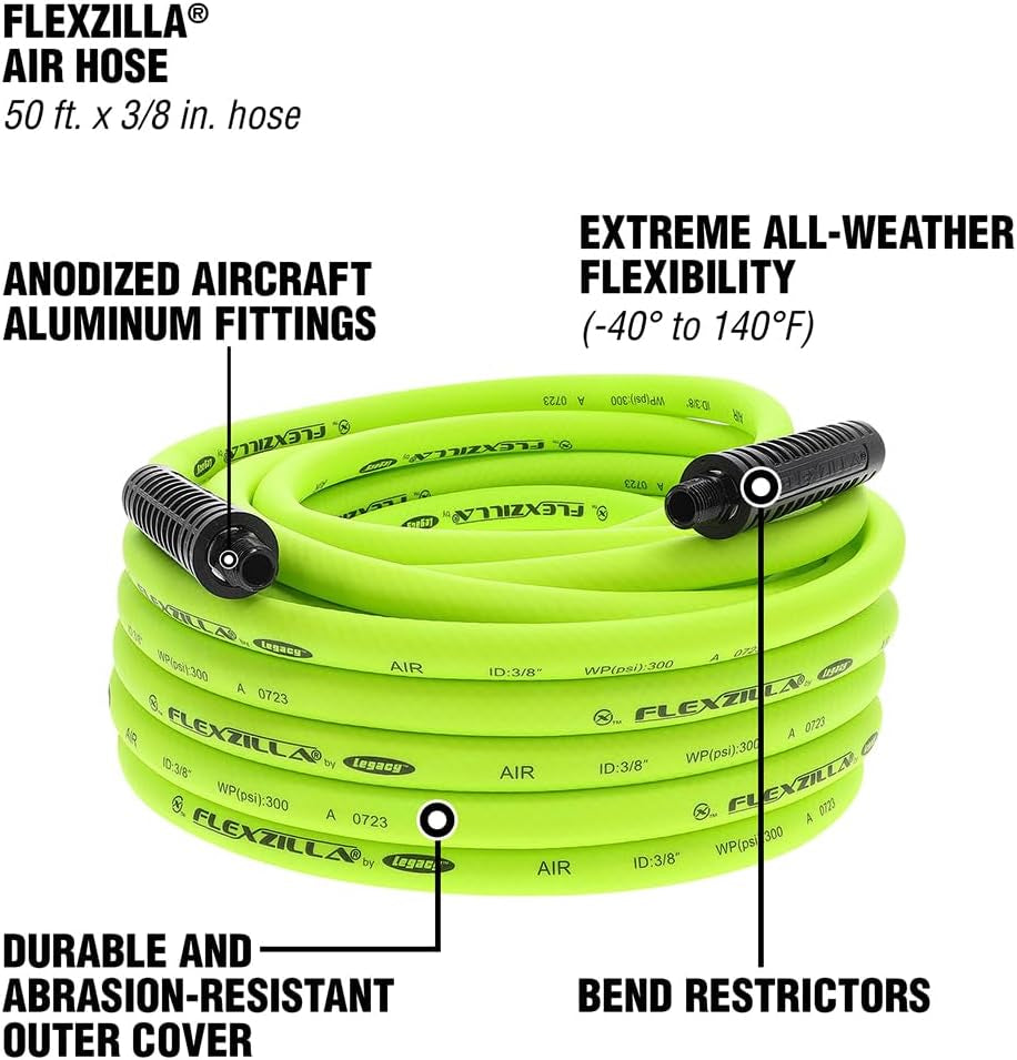 Flexzilla Air Hose, 3/8 In. X 50 Ft., 1/4 In. MNPT Fittings, Heavy Duty, Lightweight, Hybrid, Zillagreen - HFZ3850YW2