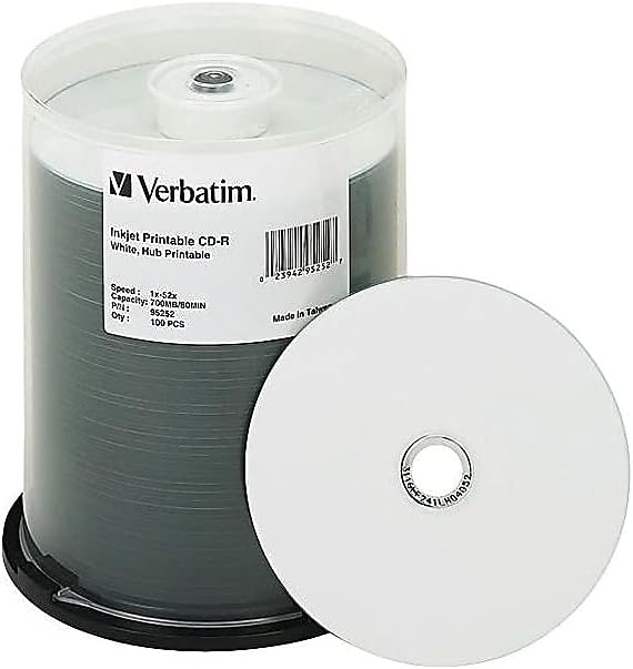 Verbatim CD-R 700MB 52X White Inkjet Hub Printable Recordable Media Disc - 100pk Spindle White Hub Printable