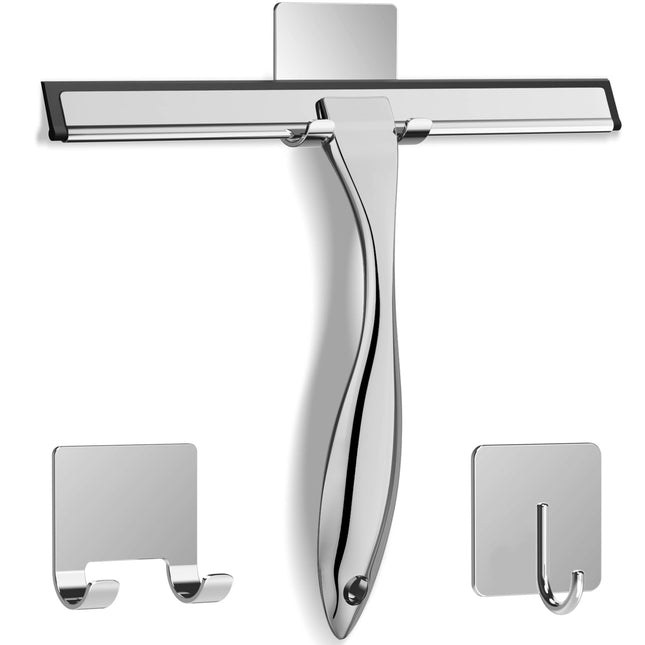 All-Purpose Stainless Steel Shower Squeegee for Shower Glass Door with 2 Adhesive Hooks, Bathroom Cleaner Tool Household