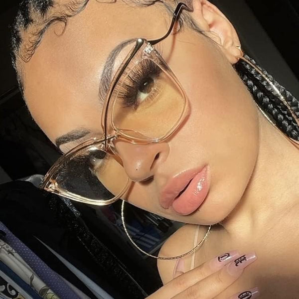 FEISEDY Women Oversized Square Blue Light Blocking Glasses Anti Eyestrain Cat Eye Fashion Eyewear B2956 Transparent Tea 55 Millimeters