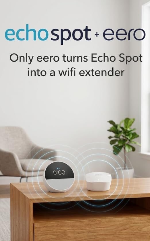 Amazon Echo Spot (newest model), Great for nightstands, offices and kitchens, Smart alarm clock, Designed for Alexa+, Glacier White Glacier White