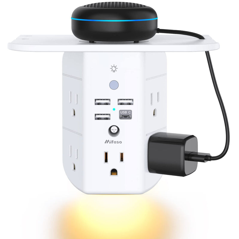 Wall Outlet Extender with Shelf and Night Light,Surge Protector,Usb Wall Charger with 5 AC Outlets and 3 USB Ports 1 USB C Outlet Wide Space