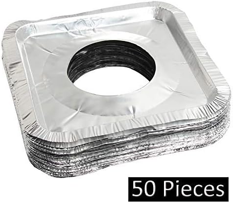 MOACOCK 50 Pack Aluminum Foil Square Stove Burner Covers Disposable Heavy Thick Quality Bib Liners Drip Pans Gas Range Top Protectors 8.5” 1