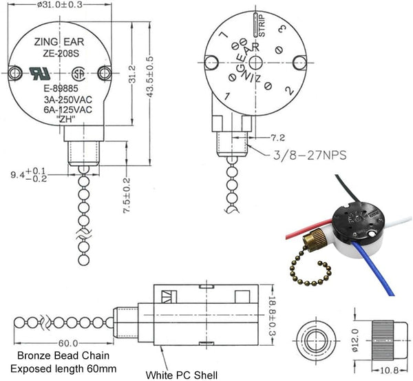 Ceiling Fan Switch Zing Ear Ze-208S E89885 3 Speed 4 Wire Pull Chain Switch with 4 Pre-Installed Wires Replacement Part for Hunter, Hampton Bay,