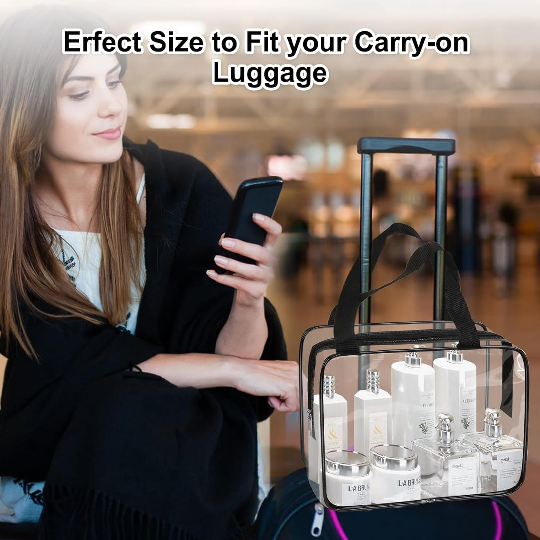 APREUTY Clear Makeup Bags, TSA Approved 3 Pcs Large Cosmetic Makeup Bags Set Clear PVC with Zipper Handle Portable Travel Luggage Pouch Airport Airline Vacation Organization (Black)