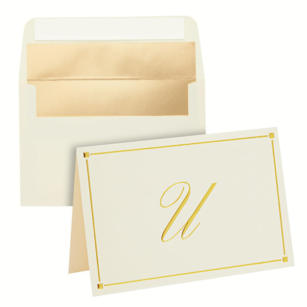 Pipilo Press Envelope Set - 4 x 6 in Ivory, Letter U Monogram, Pack of 24 - Personalized Gold Foil Note Cards & Matching Envelopes - 250 GSM Paper