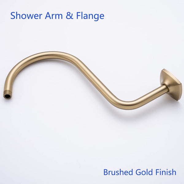 13 Inch High Rise S Shape Shower Extension Arm with Flange,Brushed Gold Shower Head Extender Arm Wall Mounted,Standard 1/2" Connection-Bathroom