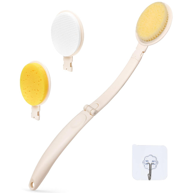 LFJ 19" Long Handle Shower Sponge Brush Set, 3 in 1 Body Brush, Bath Sponge and Lotion Applicator Improved Skin Health, 