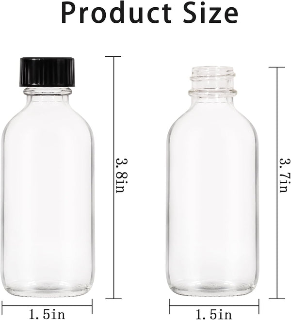 8 Pack, 2 Oz Small Clear Glass Bottles with Lid and Funnels - 60Ml Boston Shot Bottles with Caps, Immunity, Potion, Wellness, Sample, Ginger,