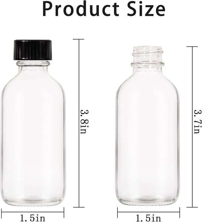 8 Pack, 2 Oz Small Clear Glass Bottles with Lid and Funnels - 60Ml Boston Shot Bottles with Caps, Immunity, Potion, Well