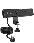 PLUGTUL Desk Clamp Power Strip 6FT, Outlet Station with 3 Outlets, PD 20W Fast Charging, Flat Plug, 14 Gauge, 980J Surge Protector, Black Power