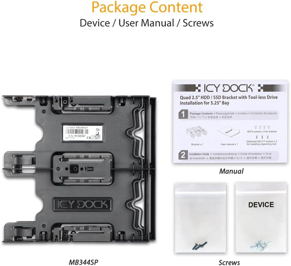 ICY DOCK 4 x 2.5” HDD / SSD Bracket Mount Kit Adapter for 5.25” Drive Bay - FLEX-FIT Quattro MB344SP 4 x 2.5"