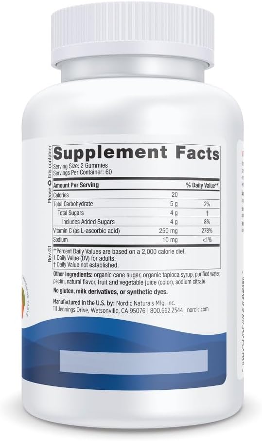 Nordic Naturals Vitamin C Gummies, Tart Tangerine - 120 Gummies - 250 Mg Vitamin C - Immune Support, Antioxidant Protection, Child Growth &