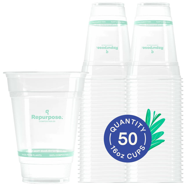 Repurpose 100% Compostable Plant-Based Clear Cold Cups, 16Oz, 50 Count, BPA & PF