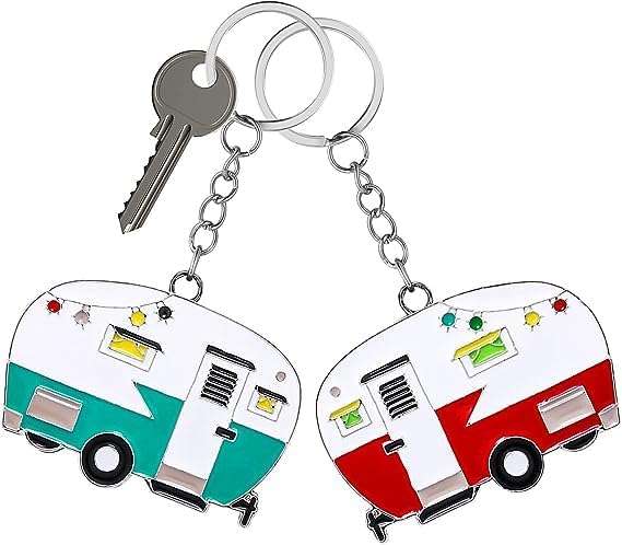 2 Pack Camper Keychain Set Happy RV Camper Keyring Couples Camping Accessories for Men Women Travel Trailers Red+green
