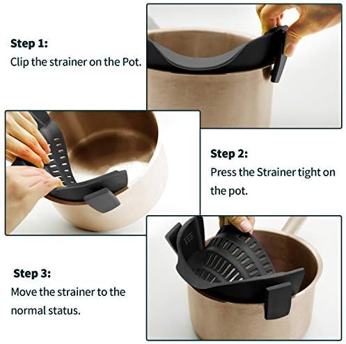 AUOON Clip On Strainer Silicone for All Pots, Standard 8.86 x 3.55in, Black | Food-grade BPA-free, Fits Pots Pans Bowls, Dishwasher Safe, for