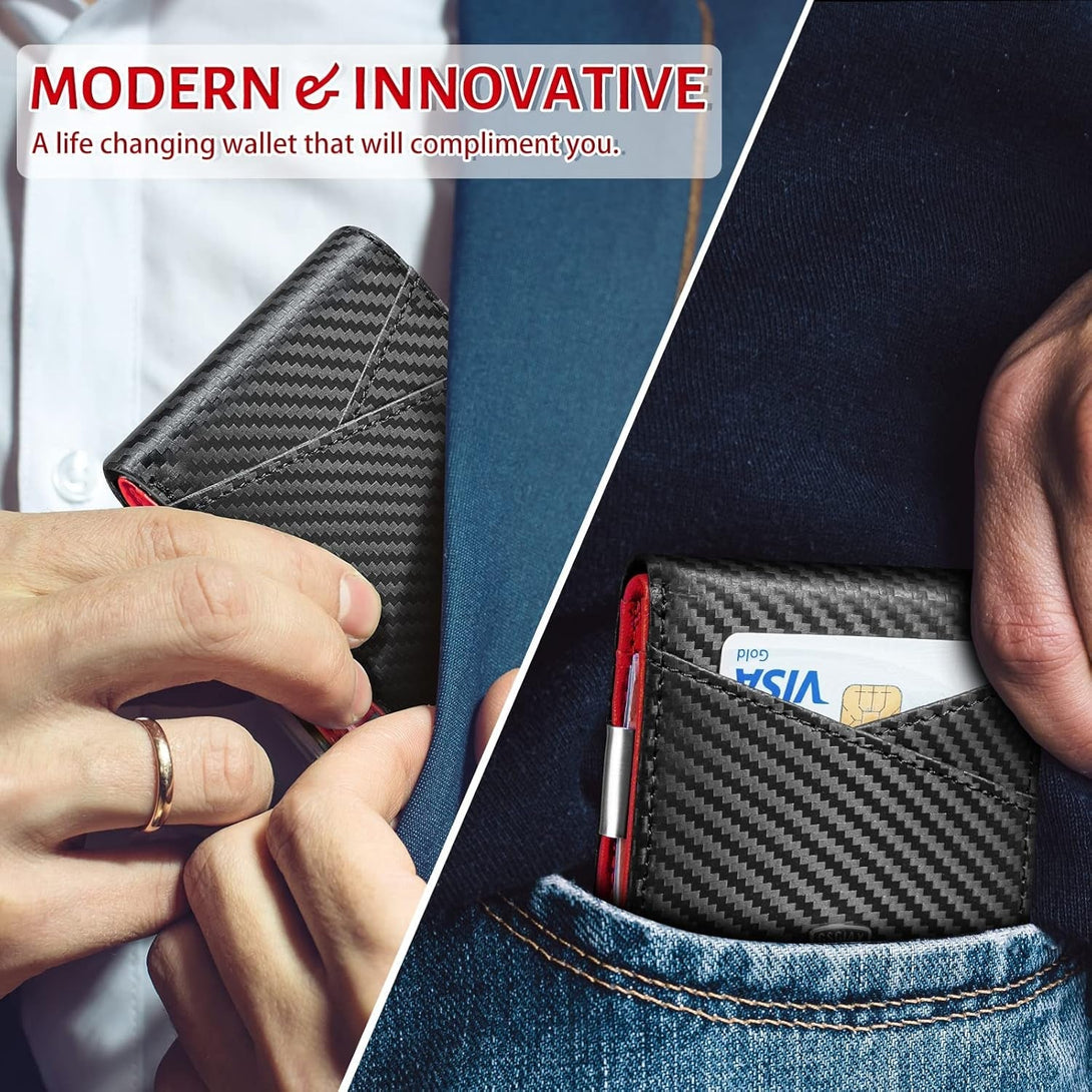 GSOIAX Slim Leather RFID Bifold Wallet for Men - Minimalist Front Pocket Wallet with Money Clip,12 Card Slots,Id Window,Cool Groove Design,Includes Gift Box(Carbon Red