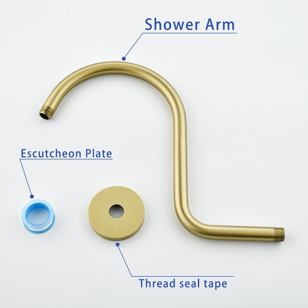 13 Inch High Rise S Shape Shower Extension Arm with Flange,Brushed Gold Shower Head Extender Arm Wall Mounted,Standard 1/2" Connection-Bathroom
