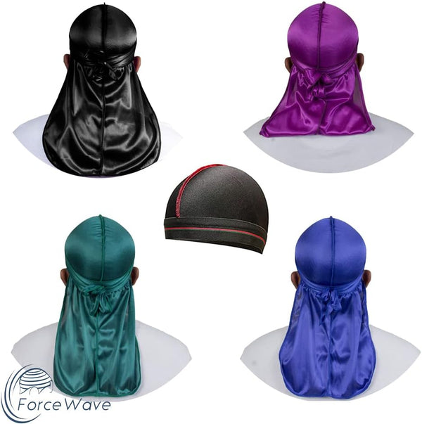 4PCS Silky Durags for Men Women 360 Waves with 1 Wave Cap, Silky Satin Durag Extra Long Tails Black Blue Green Purple