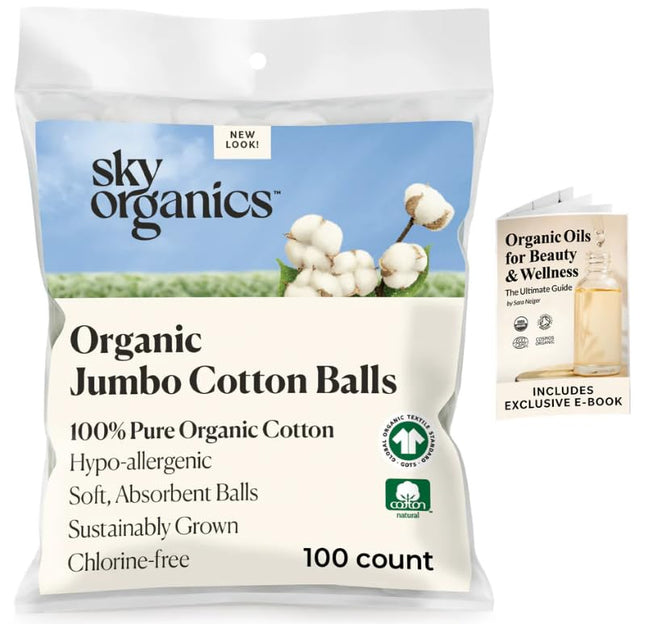 Sky Organics Organic Jumbo Cotton Balls 100ct, Ultra-Soft, Chlorine-Free 100 Cou