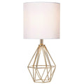 Gold Modern Hollow Out Base Bedroom Small Table Lamp,Bedside Nightstand Lamp with Geometric Metal Base White Fabric Shade,Cute Desk Lamp for Kids