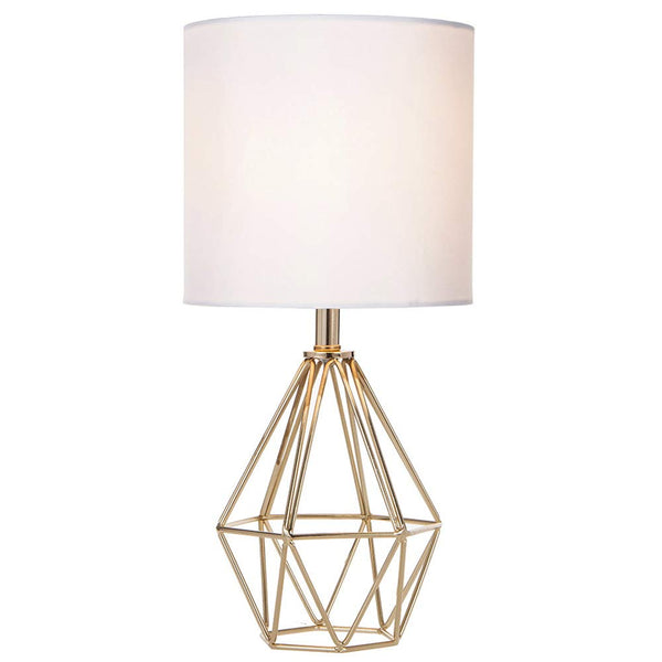 Gold Modern Hollow Out Base Bedroom Small Table Lamp,Bedside Nightstand Lamp with Geometric Metal Base White Fabric Shade,Cute Desk Lamp for Kids