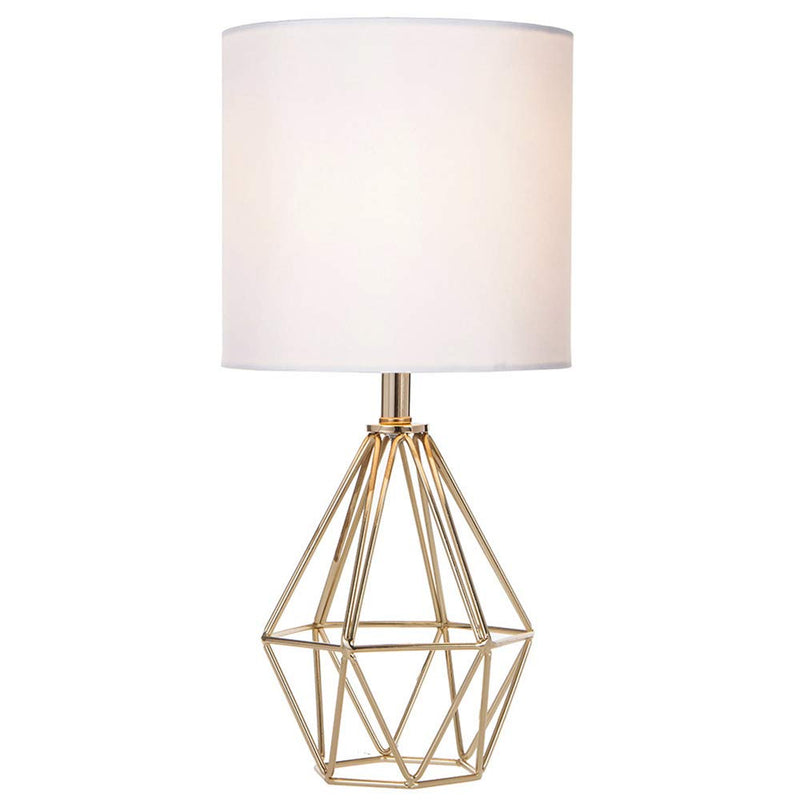 Gold Modern Hollow Out Base Bedroom Small Table Lamp,Bedside Nightstand Lamp with Geometric Metal Base White Fabric Shade,Cute Desk Lamp for Kids