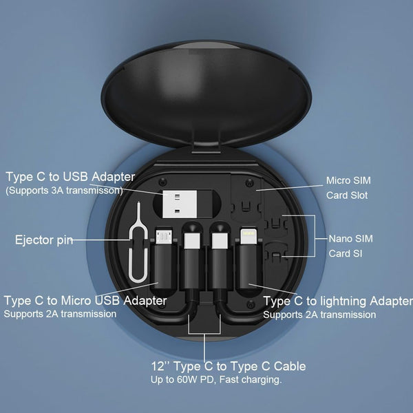 Multifunctional Data Cable Storage Box Adaptor for USB-C and Micro-Usb Devices Universal Data Transfer Cable (Black)