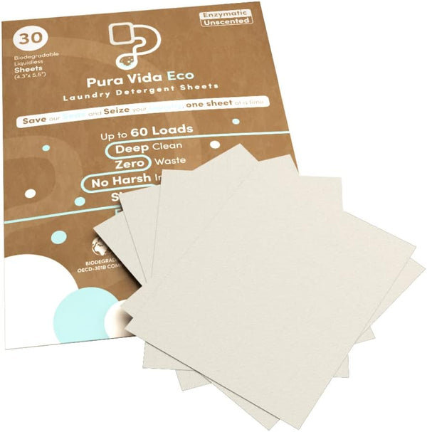 Laundry Detergent Sheets - 30 Sheets (up to 60 Loads) - Unscented - Ideal for Travel, Baby Clothes - Compact, Liquidless, Hypoallergenic,