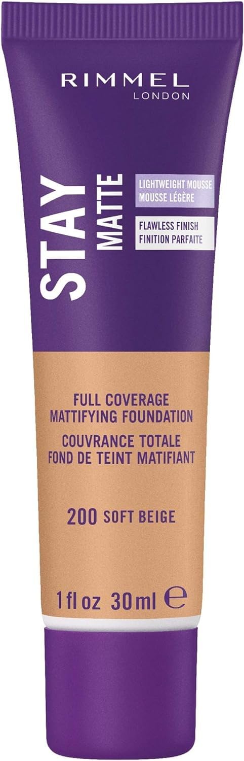 Rimmel London Stay Matte Liquid Mousse - 200 Soft Beige - Foundation, Lightweight, Shine Control, Oil-Free, 1Oz