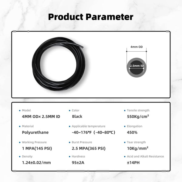 Pneumatic Tubing Black PU Air hose Pipe Tube Kit 5/32 inch or 4mm OD 2.5mm ID 39.4ft/12 Meter for Air Line or Fluid Transfer 4mm OD / 2.5mm ID ×