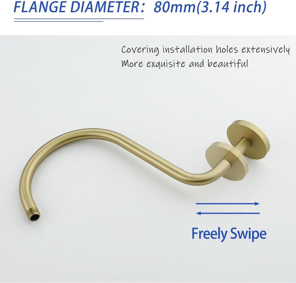 13 Inch High Rise S Shape Shower Extension Arm with Flange,Brushed Gold Shower Head Extender Arm Wall Mounted,Standard 1/2" Connection-Bathroom