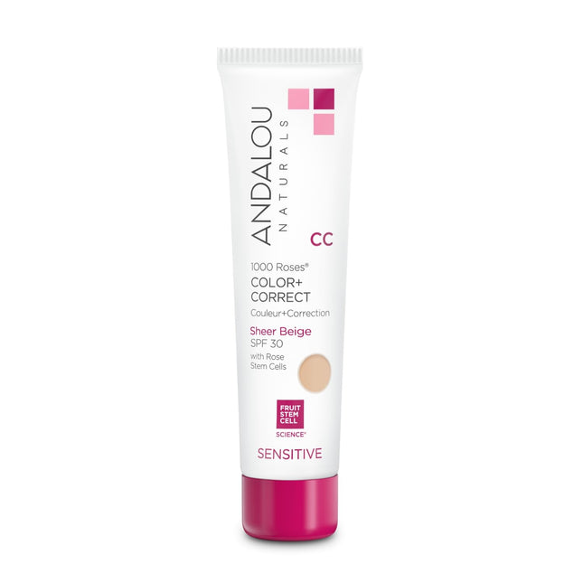 Andalou Naturals 1000 Roses CC Color + Correct with SPF 30, Sheer Beige, 2-in-1 Face Sunscreen + CC Cream for Sensitive 