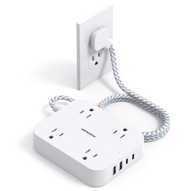 Flat Plug Extension Cord, HANYCONY 5Ft Power Strip with 4 USB Ports(2 USB C), 4 