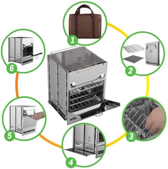 Camping Stove - Stainless-Steel Wood Burning Rocket Stove - Portable Grill for Beach, Picnic, Camp or Backpacking - Bushcraft Gear by Wakeman Outdoors