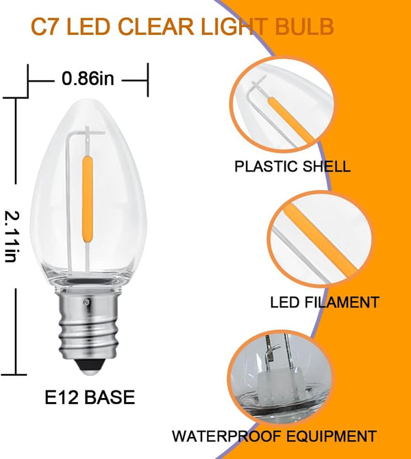 NETEHA 6 Pack C7 Clear Led Replacement Christmas Light Bulb, C7 E12 Base 120V Waterproof Led Bulbs for Christmas Outdoor String Lights, Halloween