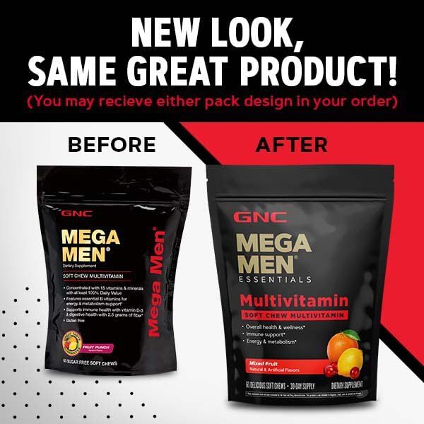 GNC Mega Men Soft Chew Multivitamin | Energy & Metabolism Support | Gluten Free | Mixed Fruit | 60 Count