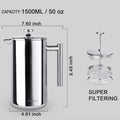 Secura French Press Coffee Maker, 304 Grade Stainless Steel Insulated Coffee Press with 2 Extra Screens, 50oz (1.5 Litre), Silver Silver 50 oz