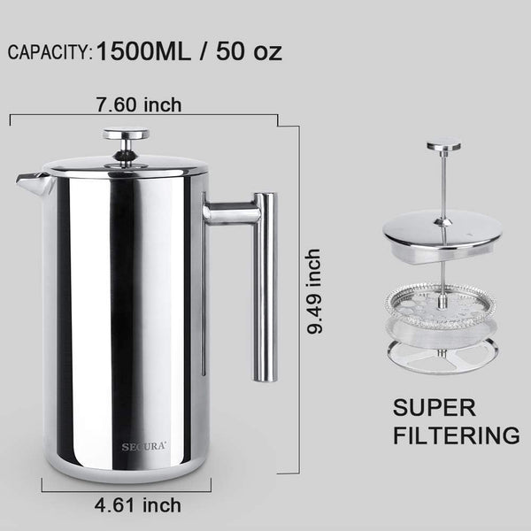 Secura French Press Coffee Maker, 304 Grade Stainless Steel Insulated Coffee Press with 2 Extra Screens, 50oz (1.5 Litre), Silver Silver 50 oz