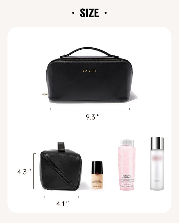 EACHY Travel Makeup Bag, Large Capacity Cosmetic Bag for Women, Waterproof PU Leather, Flat Open Portable Toiletry Bag for Skincare, Brushes &