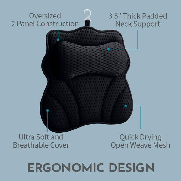 WONDERfoam Thick Padded Ergonomic Bath Pillow for Tub, Bathtub Headrest Neck and Back Support, Strong Suction Cups, Machine Washable Breathable