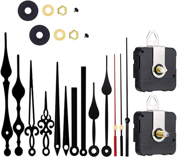 2 Pieces Silent Clock Movement Mechanism Long and Short Shaft with 6 Different Pairs of Hands DIY Clock Repair Parts Motor Replacemen Black