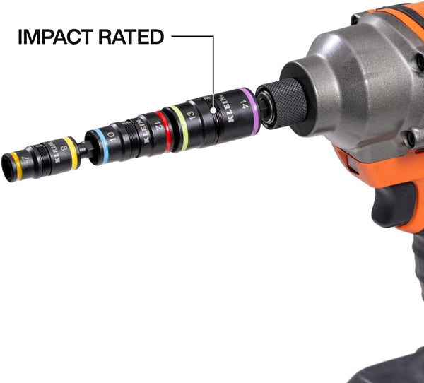 Klein Tools 32933M 6-in-1 Metric Impact Socket Set, 3 Flip Sockets with 7, 8, 10, 12, 13 and 14 mm Nut Driver Sizes, Impact Rated 5-Inch Shaft