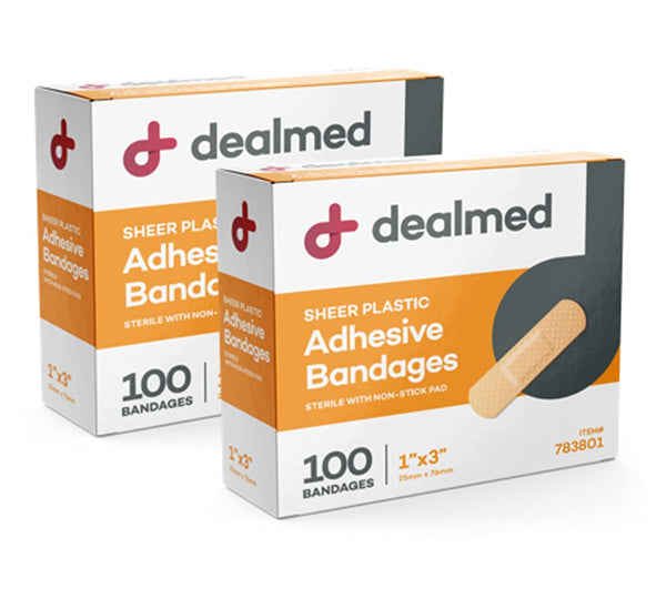 Dealmed Sheer Plastic Flexible Adhesive Bandages – 100 Count (2 Pack) Bandages with Non-Stick Pad, Latex Free, Wound Care for First Aid Kit, 1" x