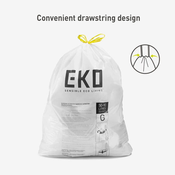 EKO 21 Gallon / 50-90 Liter, 60 Count Drawstring Trash Bags, Extra-Strong Unscented Garbage Bags, Easy-Dispense Roll for Kitchen & Household Use,