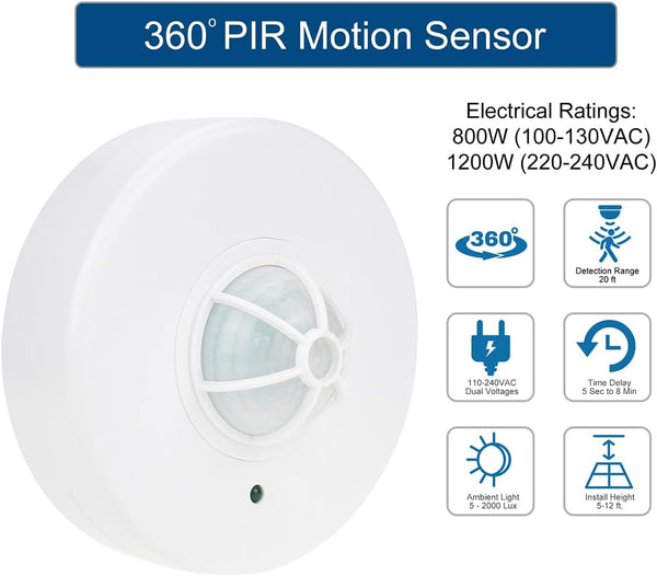 YCA1001 Ceiling Motion Sensor Light Switch, 360 Degree Occupancy Sensor PIR Motion Switch, 110-240VAC Universal Voltage, 40ft Detection Range,